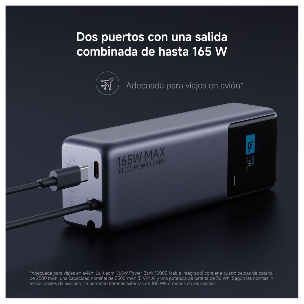 Xiaomi Power Bank 165W 10000 mAh con Cable Integrado - imagen 2