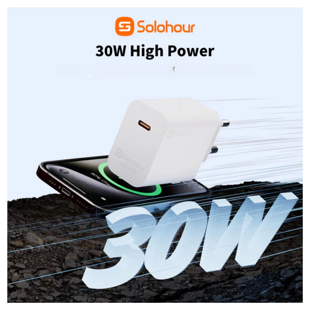 Solohour Cargador Carga Rápida GAN 30w kit 1m USB-C Blanco - imagen 6