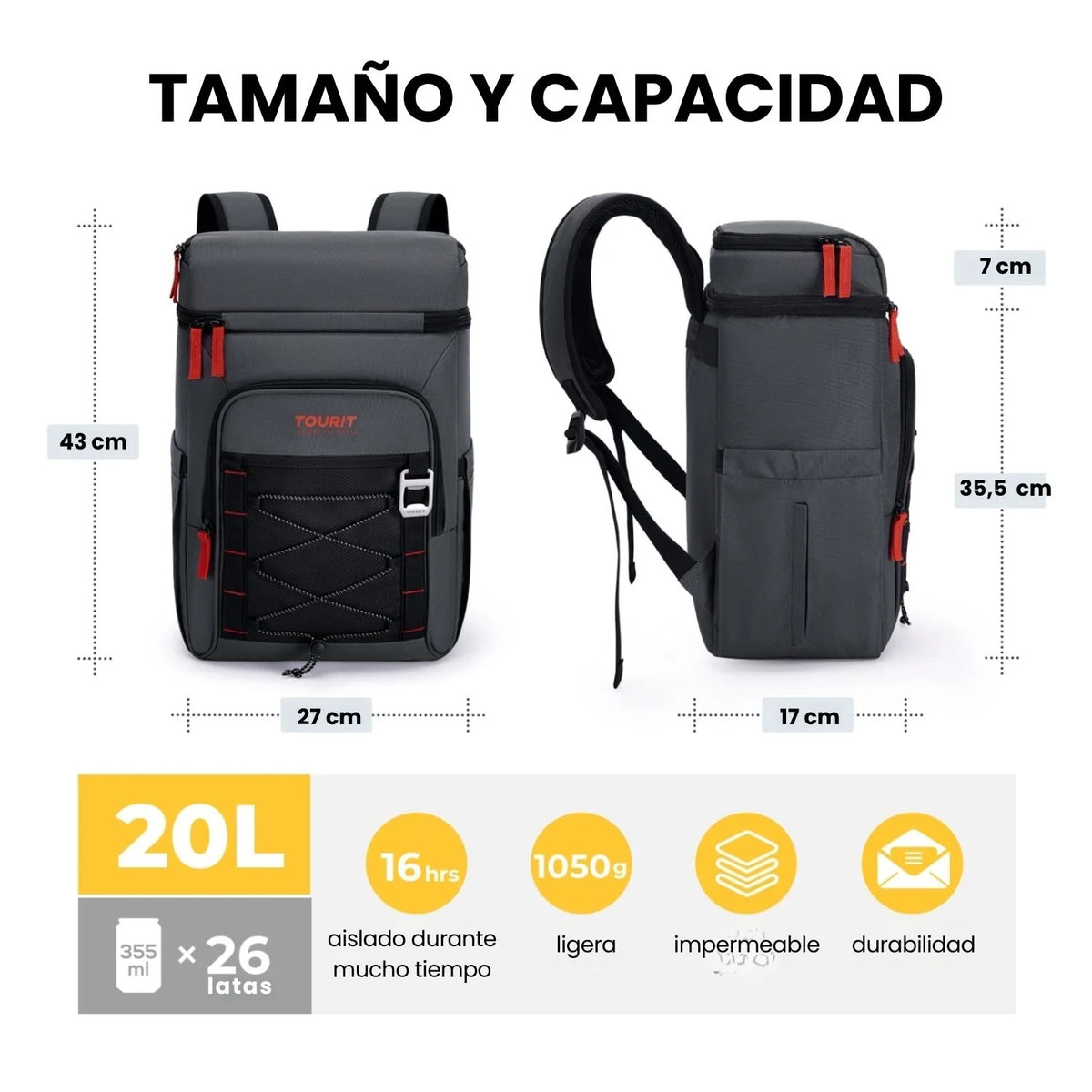 Tourit Mochila Térmica Dual Zone 26 latas 20L Impermeable