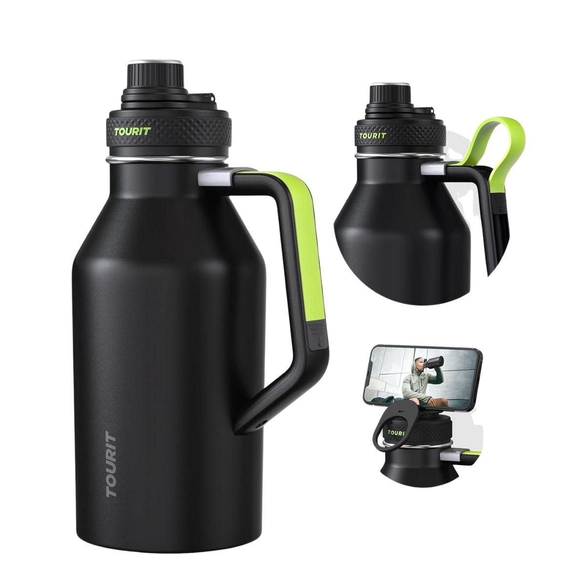 Tourit Botella de Agua Térmica Deportiva Anti Derrames con Asa 64oz
